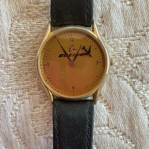 Vintage BD & A Boeing Airplane Leather Strap Men's Watch with Gold-Tone Case